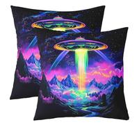 feelingyou Alien Spacecraft Pillow Covers 16"x16",Neon Colorful Galaxy Cushion Covers for Couch Sofa, Mystery Universe Landscape Outdoor Pillow Cases,Funny Outer Space Reversible Throw Cushion Cases