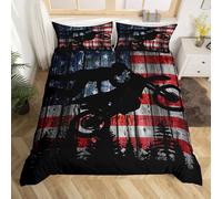 feelingyou American Flag Duvet Cover Double Size,Boys Dirt Bike Racing Comforter Cover for Kids Teens Adults Bedroom Decor,Motocross Rider Retro Black Pine Tree Silhouette Bedding Set,No Comforter