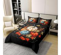 feelingyou Autumn Maple Leaf Kids Duvet Cover Set King Size 100% Cotton,Fall Pumpkin Harvest Bedding Set,Thanksgiving Day Rural Cabin Girls Boys Room Decor,Black,2 Pillowcases(No Filler)