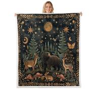 feelingyou Bear Deer Fleece Blanket,Nature Wild Animal Rabbit Starry Moon Sky Plush Blanket for Kids Teens,Lovely Room Decor,Jungle Pine Trees Mushroom Rustic Botanical Flannel Blanket,Twin 60"x80"
