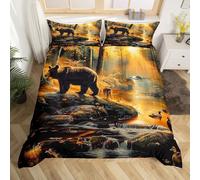feelingyou Bear Deer Print Duvet Cover Set Double Size,Wildlife Animals Bedding Set 3pcs for Bedroom Decor,Outdoor Adventure Kids Bedding,Golden Brown Quilt Cover with 2 Pillowcases,Not Comforter