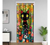 feelingyou Black Cat Door Curtain for Doorways,Colorful Blooming Flowers Closet Curtains for Bedroom Closet Doors,Cute Pet Room Darkening Blackout Curtains 1 Panel,52" W X 80" L