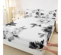 feelingyou Blossom Floral Bed Sheet Double Size Watercolor Ink Painting Bedding Set Japanese Style Botanical Fitted Sheet Kids Boys Girls Room Decor Gray Soft Sheets with 2 Pillowcase,No Top Flat
