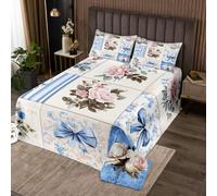 feelingyou Blue Bows Kids Bedspread Double Size,Patchwork Grid Rose Coverlet Set,Girls Boys Room Decor,Princess Style Quilted Coverlet,French Princess Style Bedding Quilt,2 Pillowcases