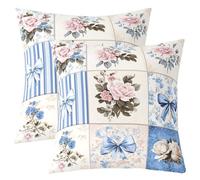 feelingyou Blue Bows Kids Throw Pillow Cover,Patchwork Grid Rose Double Sides Pillow Case,Princess Style Home Decor,French Princess Style Bed Couch Sofa Cushion Cover,2 Pack 24"x24"