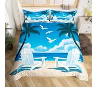 feelingyou Blue Ocean Duvet Cover Double,Coastal Beach Themed Soft Bedding Set,Tropical Coconut Tree Seagull Comforter Cover 3 Piece (No Comforter),Seaside Landscape Room Decor,2 Pillowcases
