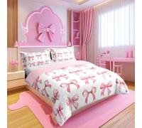 feelingyou Bow Single Bedding Set,Kawaii Bowkont Girls Dreamy Princess Style Pink Bedding Comforter Cover Set with 1 Pillowcase for Kids Woman,Cute Bow Tie Printed Quilt Cover Girly 2pcs(Pink White)