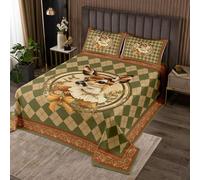 feelingyou Bowknot Deer Kids Bedspread King Size,Geometric Plaid Grid Square Patchwork Coverlet Set,Girls Boys Room Decor,Damask Flower Animal Quilted Coverlet,Brown Green Bedding Quilt,2 Pillowcases