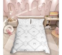 feelingyou Bowknot Duvet Cover Set Double Size,Dreamy Princess Bow Lace Bedding Set,Western Mandala Floral Gray Grids Diamonds Patchwork Quilt Cover for Teens,Gray Comforter Cover(No Filler),3 Pcs