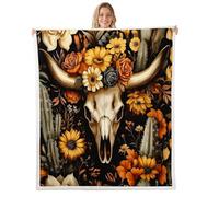feelingyou Bull Skull Plush Throw Blanket,Southwest Farmhouse Sunflowers Flannel Fleece Blanket for Boys Girls Teens All Season,Cowboy Desert Cactus Bed Blankets Room Decor 50x60,Dark Brown Orange