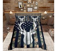feelingyou Camo American Flag Duvet Cover Single, Grey Deer and Trees Silhouette Natural Style Comforter Cover with 1 Pillow Sham, 2 Piece, USA Flag Green Camouflage Bedding Sets for Kids Boys