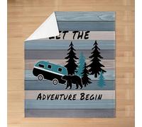 feelingyou Camper Adventure Kids Flannel Blanket,Bear Pine Tree Rustic Farmhouse Bed Blanket,Wooden Plank Cottage Cabin Girls Boys Sofa Decor,Blue Black Fuzzy Blanket,Twin Size (60 x 80 Inches)