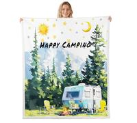 feelingyou Camper Adventure Kids Throw Blanket,Bonfire Campfire Pine Tree Rustic Bed Blanket,Star Moon RV Trailer Girls Boys Sofa Decor,Summer Green Fuzzy Blanket,Baby Size (30 x 39 Inches)