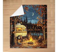 feelingyou Camper RV Trailer Kids Flannel Blanket,Bonfire Campfire Pine Lake River Bed Blanket,Maple Leaf Rustic Farmhouse Country Girls Boys Sofa Decor,Nature Orange Fuzzy Blanket,40 x 50 Inches