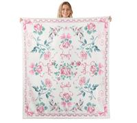 feelingyou Cartoon Bowknot Kids Throw Blanket,Rose Flower Leaf Rustic Bed Blanket,Princess Bow Tie Girls Boys Sofa Decor,Pink Green Fuzzy Blanket,Throw Size (50 x 60 Inches)