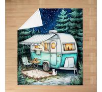 feelingyou Cartoon Camper Kids Flannel Blanket,Starry Sky Moonlight Pine Tree Natural Bed Blanket,RV Trailer Summer Adventure Girls Boys Sofa Decor,Teal Fuzzy Blanket,Twin Size (60 x 80 Inches)