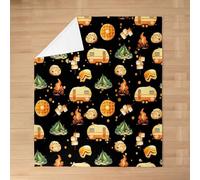 feelingyou Cartoon Camper Kids Flannel Blanket,Tent Bonfire Campfire Rustic Farmhouse Bed Blanket,Picnic RV Nature Camping Girls Boys Sofa Decor,Black Fuzzy Blanket,Twin Size (60 x 80 Inches)