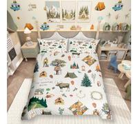 feelingyou Cartoon Camper Single Size Jungle Adventure Travel Bedding Set Wild Elk Animals Mountain Trees Quilt Cover Set for Kids Boys Teens Men Bedroom Decor Happy Camping Duvet Cover Set 2pcs