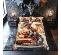 feelingyou Cartoon Dragon Duvet Cover Set Single Size,Reading Books Roses Flowers Dreamy Bedding Set,Boys Girls Room Decor,Kawaii Western Animal Comforter Cover,Green,1 Pillowcase(No Comforter)