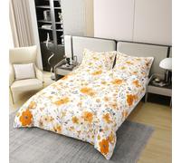 feelingyou Cartoon Flowers Girls Bedding Set Single Size 100% Cotton, Floral Leaf Plant Botanical Duvet Cover Set，Rustic Farmhouse Garden Quilt Cover,Orange,1 Pillowcase(No Comforter)