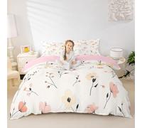 feelingyou Cartoon Flowers Kids Duvet Cover Set King Size,Floral Leaf Plant Botanical Girls Boys Bedding Set,Daisy Groovy Hippy Boho Room Decor,Pink Beige Quilt Cover,2 Pillowcases(No Comforter)