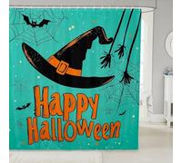 feelingyou Cartoon Halloween Hats Shower Curtain,Happy Halloween Theme Bathroom Curtains for Kids Girls Boys,Spider Web Bat Shower Curtains 12 Hooks Suits for Bathtub,72" W x 84" L,Dark Green Brown