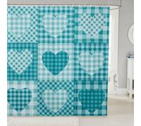 feelingyou Cartoon Hearts Shower Curtain 72" W x 84" L Country Rustic Style Retro Plaid Bathroom Curtains for Kids Teens Adults Teal Blue Vintage Heart Romantic Waterproof Bath Curtain with 12 Hooks