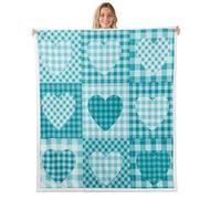 feelingyou Cartoon Hearts Throw Blanket 40x50 Country Rustic Style Retro Plaid Fleece Blanket for Kids Teens Adults Teal Blue Vintage Heart Romantic Fuzzy Blanket for Housewarming