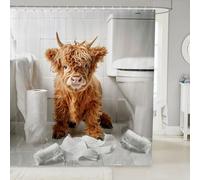 feelingyou Cartoon Highland Cow Shower Curtain,Rustic Farmhouse Bathroom Curtains for Kids Girls Boys,Simple Fashionable Style Shower Curtains 12 Hooks Suits for Bathtub,72" W x 72" L,Light Grey