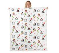 feelingyou Cartoon Penguin Plush Throw Blanket,Cute Summer Hawaii Penguins Flannel Fleece Blanket for Boys Girls Teens All Season,Starfish Beach Bed Blankets Room Decor 50x60,White Red Green