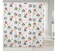 feelingyou Cartoon Penguin Shower Curtain Set Cute Summer Hawaii Penguins Bath Curtains Kids Stalls Decor Starfish Beach Shower Curtain White Red Green Waterproof Curtains 72"x78"