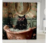 feelingyou Cat Shower Cute Shower Curtain Set Retro Victorian Style Bath Curtains Kids Girls Teens Stalls Decor Lovely Animal Floral Shower Curtain Green Pink Waterproof Curtains 72"x78"