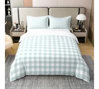feelingyou Checkered 100% Cotton Duvet Cover Super King Geometric Grid Bedding Set Modern Boho Gingham Comforter Cover for Kids White Cyan Bedding with 2 Pillowcases(No Comforter)