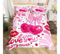 feelingyou Cherry Bow Duvet Cover Set Single Size,Princess Style Pink Bowknot Sweet Fruit Bedding Set,Romantic Red Lips Love Hearts Valentine's Day Comforter Cover(No Filler) for Kids,2 Pcs