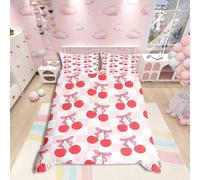 feelingyou Cherry Bow Kids Duvet Cover Set Single Size,Pink White Plaids Grids Patchwork Bedding Set,Girls Teens Room Decor,Tropical Fruits Princess Ribbon Bowknots Quilt Cover,Pink Red,No Comforter