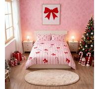 feelingyou Christmas Bow Duvet Cover Single Size,Xmas Candy Snowy Pink White Striped Bedding Set 2 Pcs for Boys Girls,Princess Bowknots Winter Snowflake Comforter Cover(No Filler)