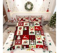 feelingyou Christmas Plaid Duvet Cover Single,Santa Claus Red Green Black Comforter Cover for Kids Teens Adults Bedroom Decor,Happy New Year Bedding Set 1 Pillowcase,No Comforter