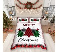 feelingyou Christmas Tree Duvet Cover Single,Red Green Black Plaid Comforter Cover for Kids Teens Adults Bedroom Decor,Xmas Snowflake Happy New Year Bedding Set 1 Pillowcase,No Comforter