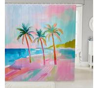 feelingyou Coastal Coconut Tree Kids Shower Curtains,Tropical Plant Botanical Hawaii Bathroom Curtain,Sea Waves Summer Beach Home Decor,Pink Green Waterproof Curtains,12 Hooks Suits,72" W x 72" L