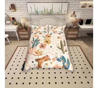 feelingyou Cowboy Duvet Cover Double Size,Cowboy Boots Comforter Cover for Kids Teens Adults Bedroom Decor,Wild West Cactus Flower Cowgirl Bedding Set 2 Pillowcases,No Comforter