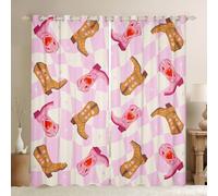 feelingyou Cowgirl Boots Bedroom Curtain Southwest Cowboys Kids Living Room Curtains Pink Grid Checker Geometry Bedroom Curtains Home Decor Pink Beige Brown Window Treatments 2 Panels,66x90 Inch