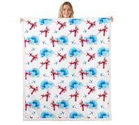 feelingyou Cute Airplane Flannel Blanket All Seasons,Red Plane Bed Blanket for Kawaii Home Decor,Blue Sky Clouds Blankets for Kids Girls Sofa Couch,40"x50"