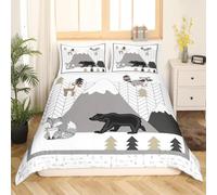 feelingyou Cute Animals Double Size Cartoon Fox Bear Bedding Set for Kids Girls Women Adults Mountains and Trees Duvet Cover Set Kids Cartoon Quilted Cover Set Bedroom Collection 3Pcs