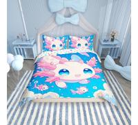 feelingyou Cute Axolotl Duvet Cover Set Single Size,Blue Sky Romantic Starry Bubbles 3D Print Bedding Set,Kawaii Salamander Cartoon Marine Life Comforter Cover(No Filler) for Kids,2 Pcs