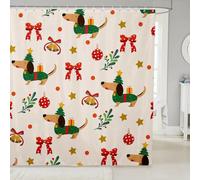 feelingyou Cute Bow Tie Shower Curtains,Merry Christmas Bath Curtain,Xmas Dachshund Dog Cloth Fabric Bathroom Decor Set with Hooks,84" Long