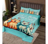 feelingyou Cute Cat Coverlet Bedspread Single Size Cartoon Animal Lightweight Quilt Set Lovely Pets Puppy Theme Bed Cover Set for Kids Blue Orange Bedspread 2 Piece (1 Quilt,1 Pillowcase)
