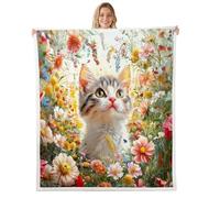 feelingyou Cute Cat Throw Blanket 30x40 Botanical Garden Watercolor Daisy Flowers Fuzzy Blanket for Kids Girls Teens Adults Lovely Kitty Animal Decor Fleece Blanket for Bedroom Sofa