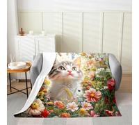 feelingyou Cute Cat Throw Blanket Twin 60x80 Botanical Garden Watercolor Daisy Flowers Fleece Blanket for Kids Girls Teens Adults Lovely Kitty Animal Decor Flannel Blanket for Bedroom Sofa