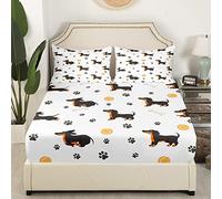 feelingyou Cute Dachshund Dog Bed Sheet Double Size,Ball Bones Paw Fitted Sheet for Kids Bedroom Decor,House Pet Animal Themed Bed Cover 3pcs,2 Pillowcases,No Top Sheet