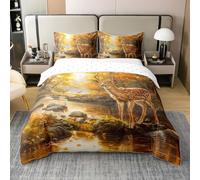 feelingyou Cute Deer Cotton Duvet Cover Set Single,Elk Wildlife Animals Bedding Set,Rustic Jungle Maple Leaves Bed Quilt,Yellow Brown Comforter Cover with 1 Pillowcase(No Comforter)